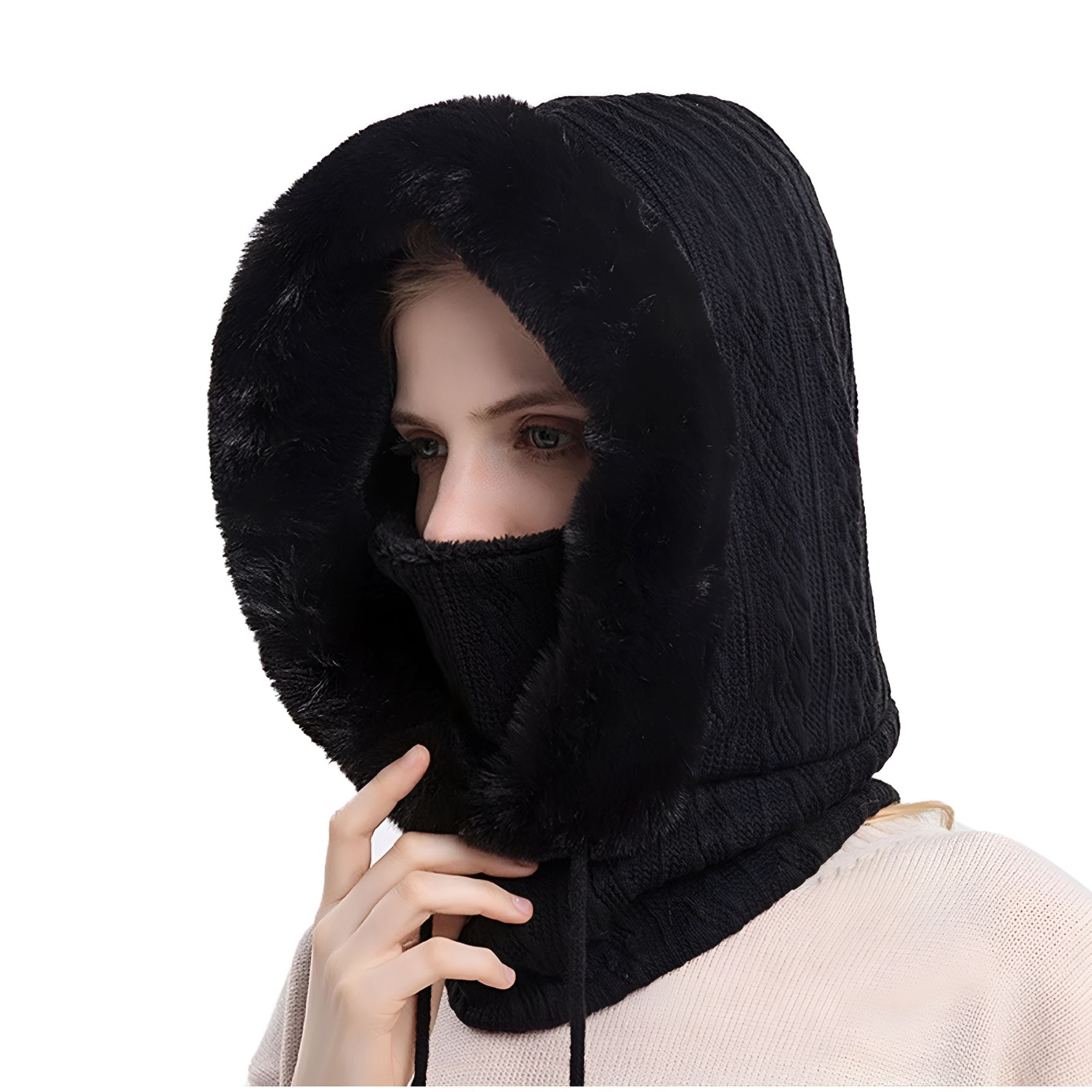 TELOLY 2026 New Women One Piece Slouchy Fleece Beanie Hats with Scarf Mask Drawstring Winter Warm Hooded Balaclava Pullover Cap for Outdoor,Travel,Hiking,Skiing,Snowboarding,Black