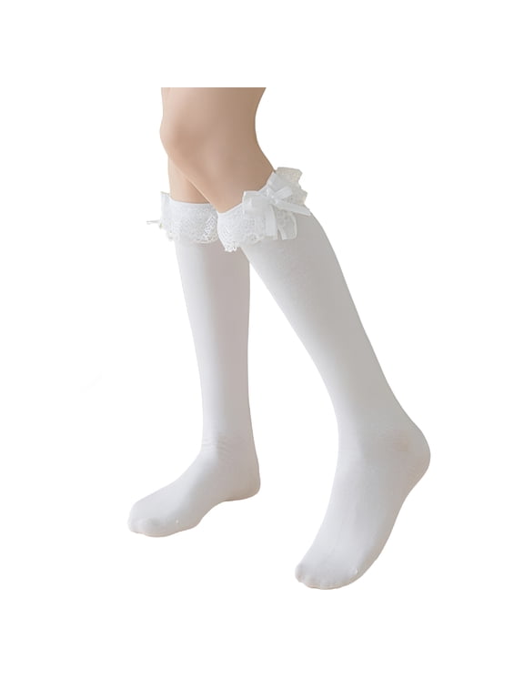 2026 New Women'S Girl Cotton Knee High Socks with Lace Ruffle Trim, Calf Socks Bow Style, White Lace Knee High Socks for School, Casual Wear, Cosplay, Parties, Daily Use