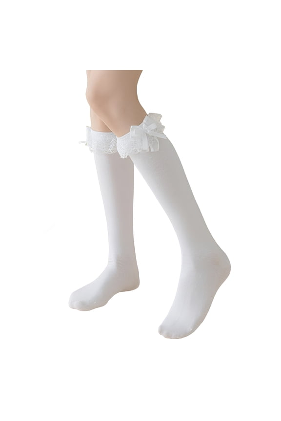 2026 New Women'S Girl Cotton Knee High Socks with Lace Ruffle Trim, Calf Socks Bow Style, White Lace Knee High Socks for School, Casual Wear, Cosplay, Parties, Daily Use