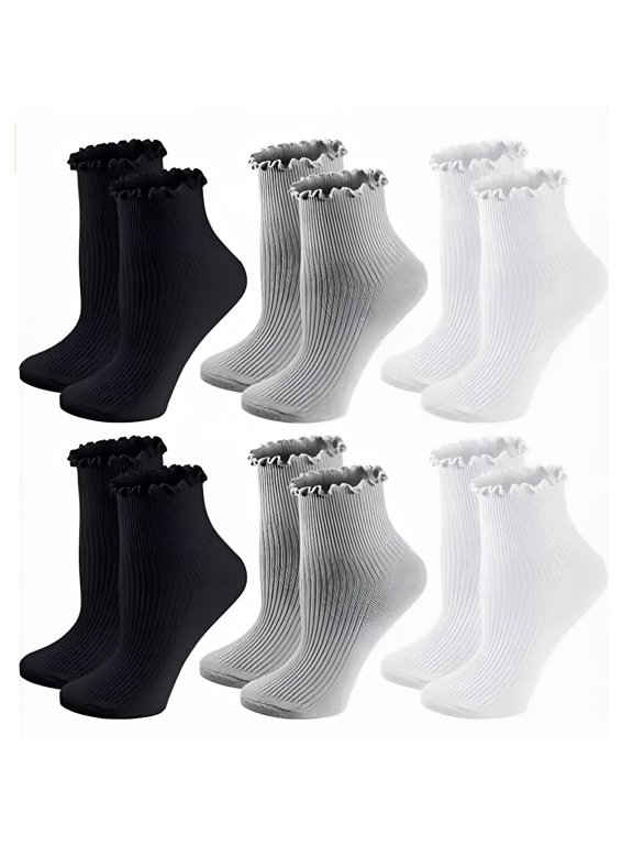 2026 New Women Socks Ruffled Design, Breathable Double Knit Cotton, Cute Ankle Socks, Super Soft Frilly Socks for Mary Jane Shoes, 6 Pack Pure Color, Size 5-9