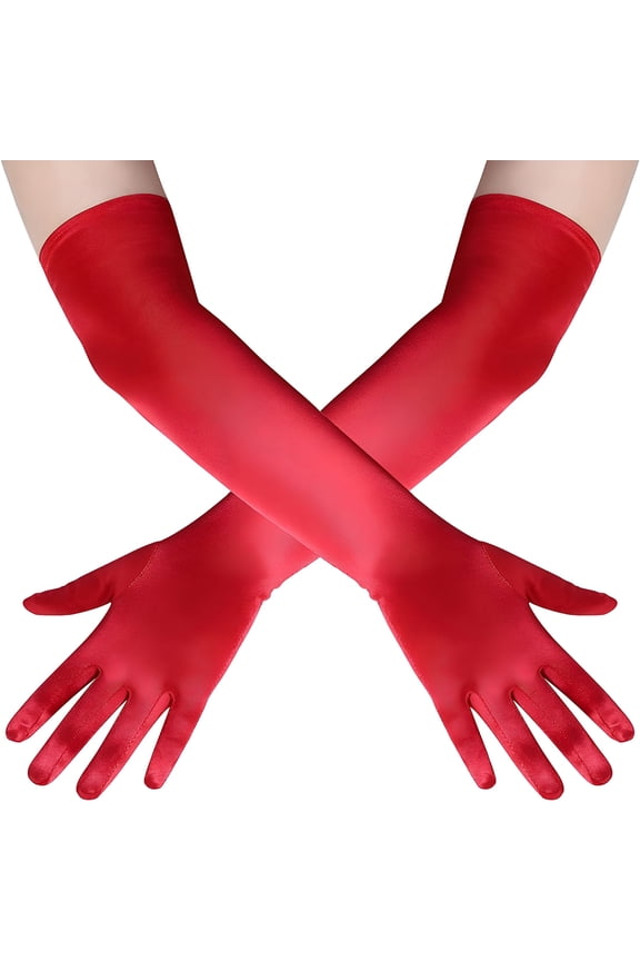 21" Long Satin Gloves for Women, Comfortable and Soft Spandex Gloves for Wedding and Formal Occasions, Red Long Gloves