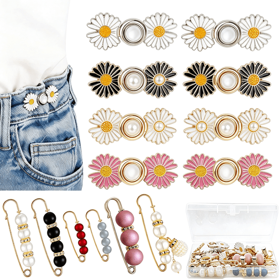 TELOLY 22Pcs Pant Waist Tightener,14 Set 10 Style Removable Jean Button Pins,Instant Jean Buttons for Loose Jeans,No Sewing Required Pants Clips for Waist