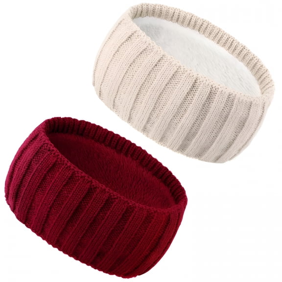 TELOLY 2PCS Knit Winter Headbands for Women Fuzzy Wool Fleece Lined Ear Warmers Elastic Turban Crocheted Head Wrap Winter Accessories for Cold Weather