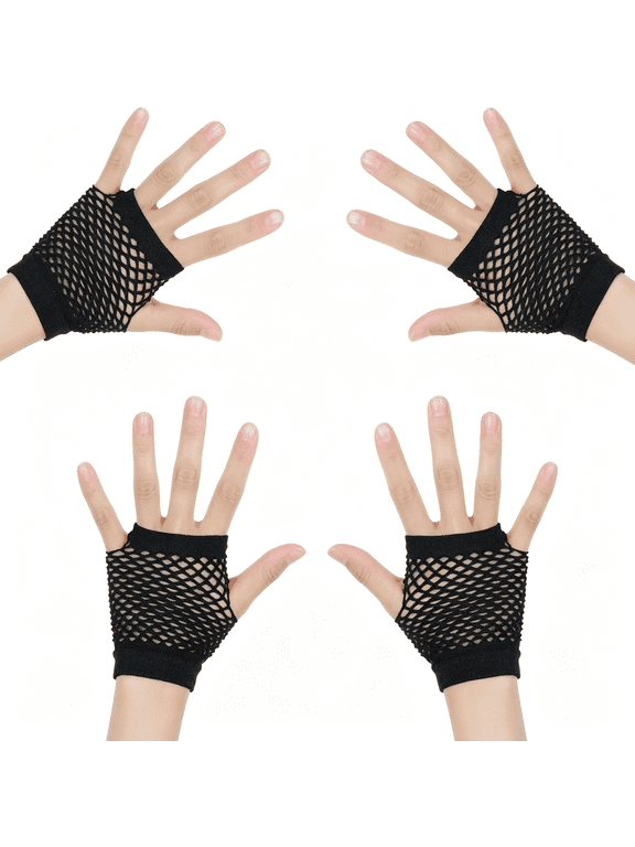 2Pair Black Fishnet Gloves for Kids-80S Fingerless Fishnet Gloves,Fish Net Gloves for Halloween Theme Party,Elastic Nylon Arm Fishnets for Costume Accessories