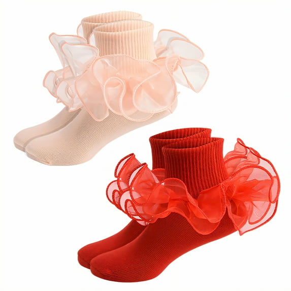 TELOLY 2Pairs Kids Socks,1-3 Years Old Ruffle Socks,Combed Cotton Lace Socks,Combination1