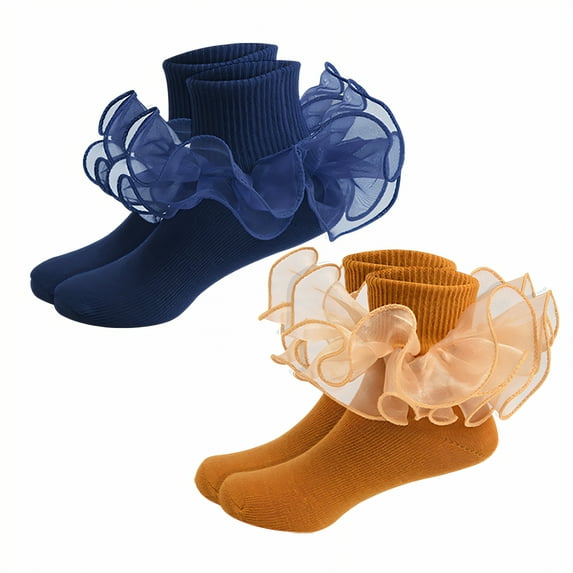TELOLY 2Pairs Kids Socks,4-6 Years Old Ruffle Socks,3D Anti-Slip Heel Design Lace Socks,Style3,15-18Cm