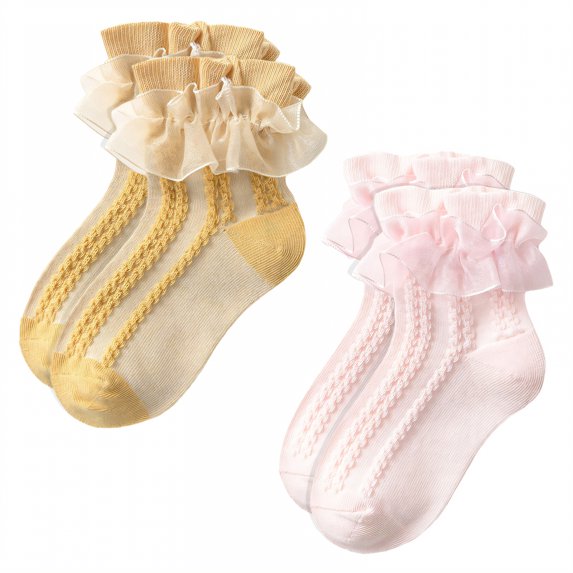 TELOLY 2Pairs Kids Socks,4-6 Years Old Ruffle Socks,Lightweight Fabric Lace Socks,Combination1