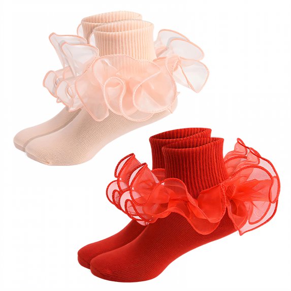 TELOLY 2Pairs Kids Socks,6-8 Years Old Ruffle Socks,3D Anti-Slip Heel Lace Socks,Combination1