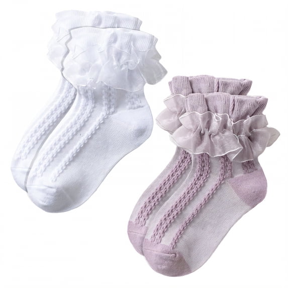 TELOLY 2Pairs Kids Socks,7-9 Years Old Ruffle Socks,Girly Elegance Lace Cuff Lace Socks,Combination2