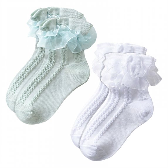 TELOLY 2Pairs Kids Socks,7-9 Years Old Ruffle Socks,Lightweight Fabric Lace Socks,Combination1