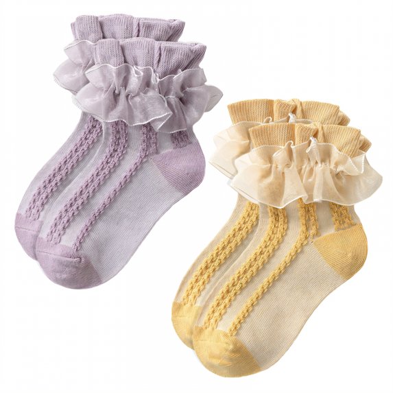TELOLY 2Pairs Kids Socks,7-9 Years Old Ruffle Socks,Solid Color Lace Socks,Combination3