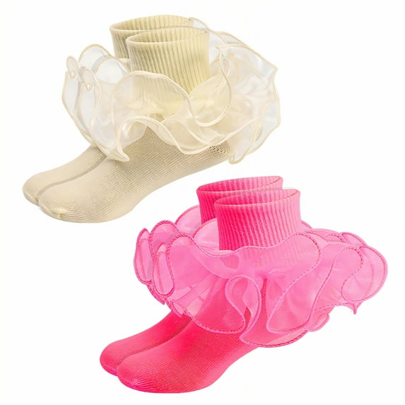 TELOLY 2Pairs Kids Socks,8-10 Years Old Ruffle Socks,Combed Cotton Lace Socks,Combination2