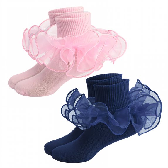 TELOLY 2Pairs Kids Socks,8-10 Years Old Ruffle Socks,Combed Cotton Lace Socks,Combination2