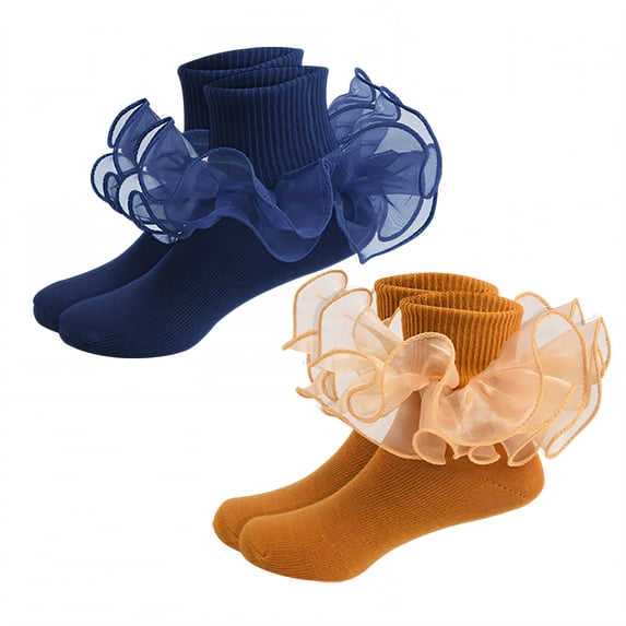 TELOLY 2Pairs Kids Socks,8-10 Years Old Ruffle Socks,Lace Trim Lace Socks,Style3,20-22Cm