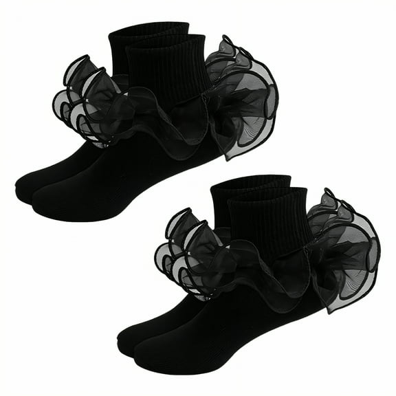 TELOLY 2Pairs Kids Socks,8-10 Years Old Ruffle Socks,Lolita Girly Elegance Style Lace Socks,Black,Xl