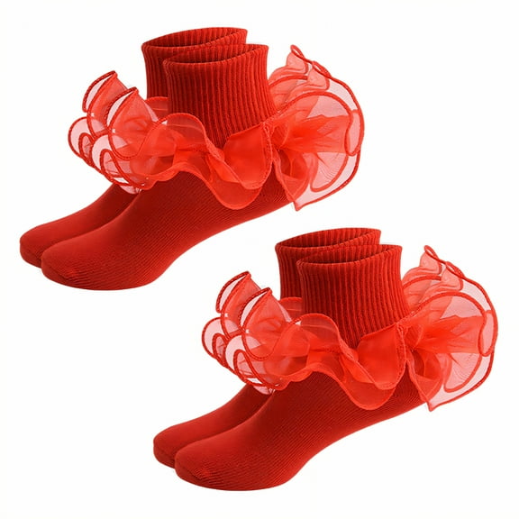 TELOLY 2Pairs Kids Socks,8-10 Years Old Ruffle Socks,Lolita Girly Elegance Style Lace Socks,Red,Xl