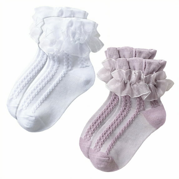TELOLY 2Pairs Kids Socks,Age 10+ Ruffle Socks,Breathable & Sweat-Wicking Lace Socks,Combination2