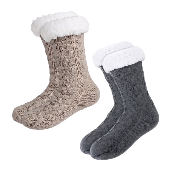 TELOLY 2Pairs Slipper Socks for Women,Knit Wool Socks Slipper Socks,Extra Thick Lining Fuzzy Socks,Combination1