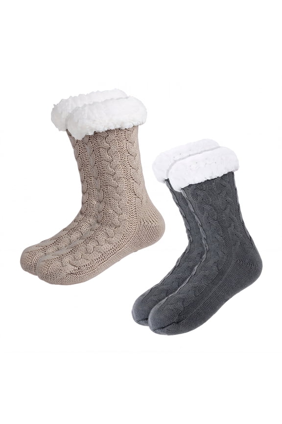 2Pairs Slipper Socks for Women,Knit Wool Socks Slipper Socks,Extra Thick Lining Fuzzy Socks,Combination1