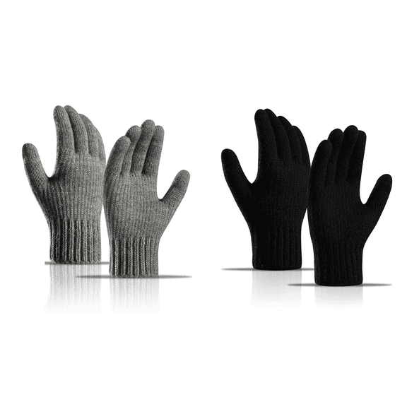TELOLY 2Pairs Wool Gloves Men Eco-Friendly Winter Gloves Men Silky Feel Warm Gloves for Men Anti-Slip Palms Light Grey&Black