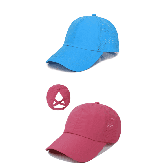 TELOLY 2Pcs Baseball Cap Spring and Summer Solid Colors Trucker Hat Cross Ponytail Mesh Peaked Cap Sun Hats for Women,Style 4