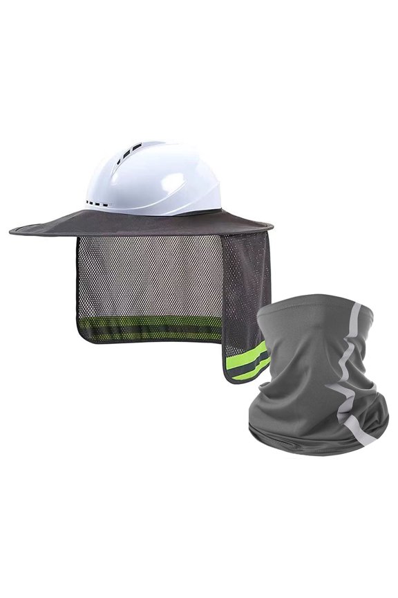 2Pcs Hard Hat Sun Shade,High Visibility Full Brim Mesh Sun Visor Neck Protection,Reflective Strip Neck Gaiter Bandana Face Scarf for Construction Helmet Hardhat Accessories(Grey)