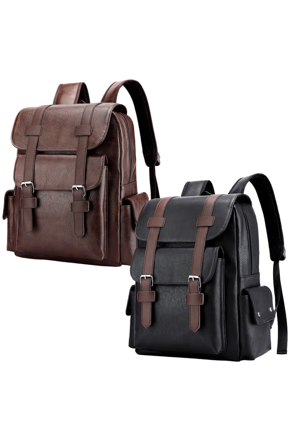 2Pcs Leather Backpack for Men Multi-Length Adjustable Straps Leather Laptop Backpack Expansive Storage Fully Adjustable Straps Leather Travel Backpack Style7 Black Brown