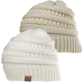 thumbnail image 1 of TELOLY 2Pcs Women's Ponytail Winter Beanies - Long Hair Compatible (White & Beige), 1 of 4
