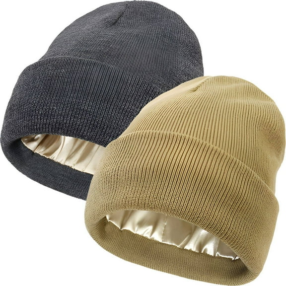 TELOLY 2Pcs Winter Hats for Men,Windproof Beanie Cap Winter Hat,Blocks Chilly Breeze Beanies Women,Gray & Khaki