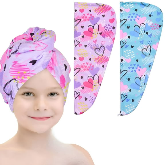TELOLY 2pcs Hair Turban Towel Wrap For Wet Hair For Women Kids Fast Drying Microfiber Hair Towel With Button Portable Head Towel Wrap
