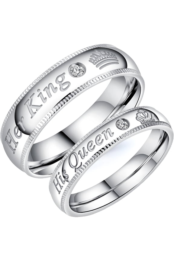 2pcs Silver Matching Couple Promise Rings Set His Queen Her King Stainless Steel Engagement Anniversary Rings Couple Jewelry Gifts