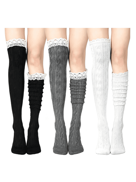 3/6Pair Women Knee High Socks with Lace Trim Cotton Knee High Stockings Knit Boot Socks for Boots Casual Chic Lace Knee High Socks