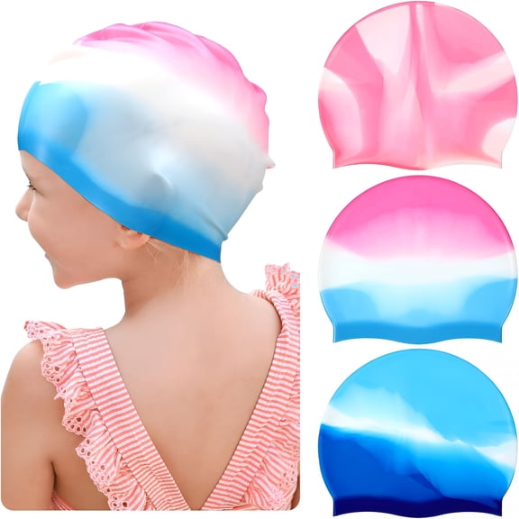 TELOLY 3 Pack Kids Swim Caps for Long Hair, Silicone Waterproof