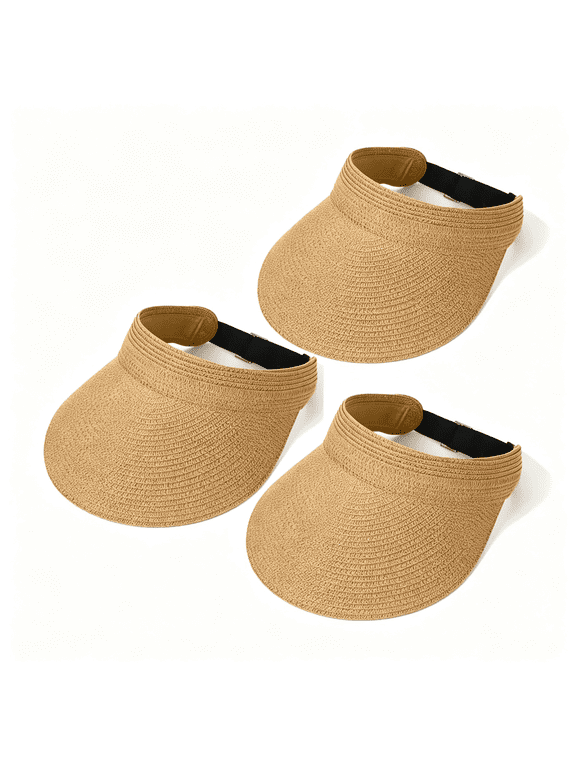 3 Pack Women Straw Sun Visor Hats, Wide Brim Uv Upf 50+ Protection Beach Visor, Packable Adjustable Summer Hats for Traveling Breathable Lightweight Adjustable Sun Visors for Women