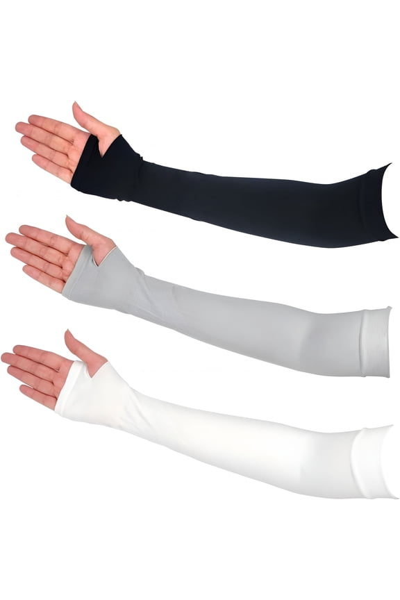 3 Pairs Comfy Arm Sleeves with Thumb Hole Protection Cooling Arm Sleeves 3 Colors Compression Long Women Summer Sun Arm Cover Sleeves Tattoo Cover for Sports Workouts Cycling Driving
