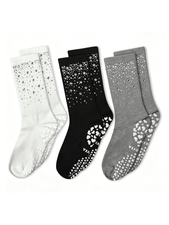3 Pairs Cute Pilates Grip Socks for Women Bling Glitter Rhinestone Crew Non Slip Grip Socks for Yoga,Barre,Barefoot Non Slip Grip Rhinestone Socks