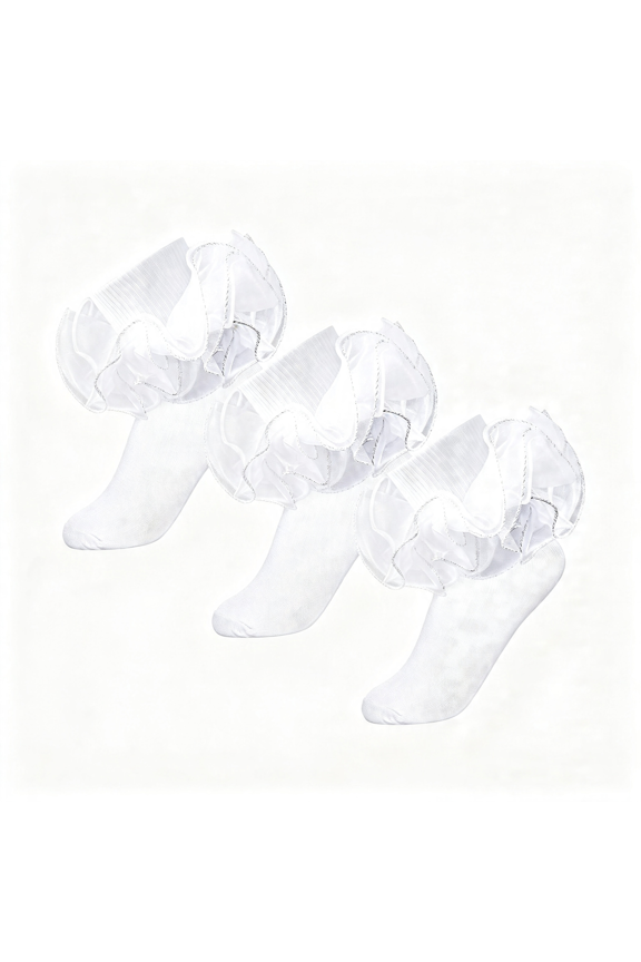 3 Pairs Girls Ruffle Socks Toddler 4-Layer Big Fluffy Socks White Ruffle Socks