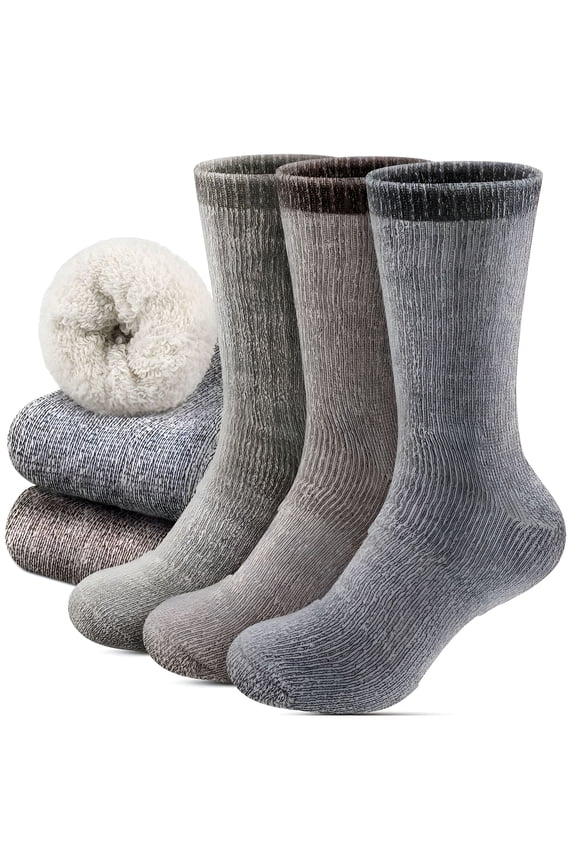 3 Pairs Mens 100% Wool Thermal Athletic Crew Socks Solid Color Knit Fabric Hand Wash Only - Breathable Durable and Soft Elastic Winter Socks for Outdoor Activities