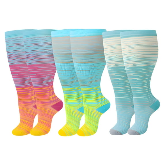 TELOLY 3 Pairs Plus Size Compression Socks,Colorful Compression Socks for Women Wide Calf,Ultra-Elastic Gradient Pressure Large Size Knee High Support Stockings for Running & Cycling,4XL,Style 2