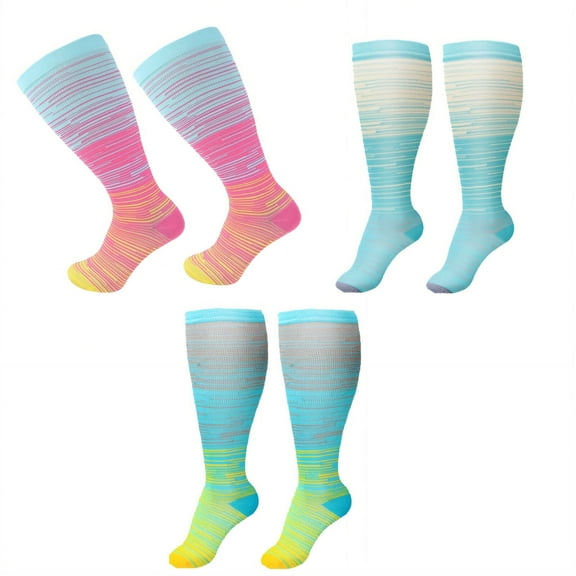 TELOLY 3 Pairs Plus Size Compression Socks,Colorful Compression Socks for Women Wide Calf,Ultra-Elastic Gradient Pressure Large Size Knee High Support Stockings for Running & Cycling,3XL,Style 2