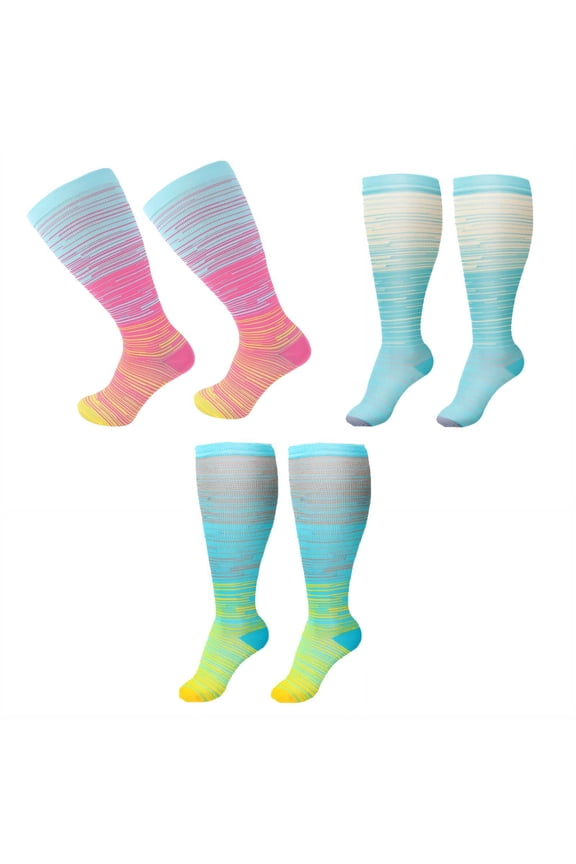 3 Pairs Plus Size Compression Socks,Colorful Compression Socks for Women Wide Calf,Ultra-Elastic Gradient Pressure Large Size Knee High Support Stockings for Running & Cycling,2XL,Style 2