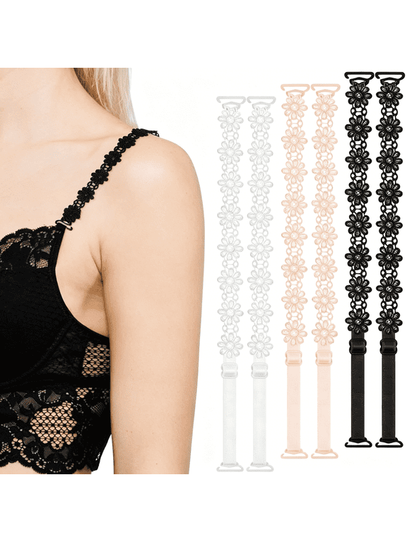 3 Pairs Women's Bra Straps Lace Flower, Elastic Adjustable Underwear Strap Replacement Shoulder Non-Slip Lingerie Straps for Women Girls(White, Beige, Black)