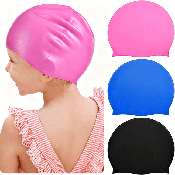 TELOLY 3 Pieces Kids Swim Caps for Girls Boys Age 4-16 Silicone Swimming Cap Long Hair Teens Youths with Long Curly Hair Braids Dreadlocks Large Waterproof Pool Swim Hat