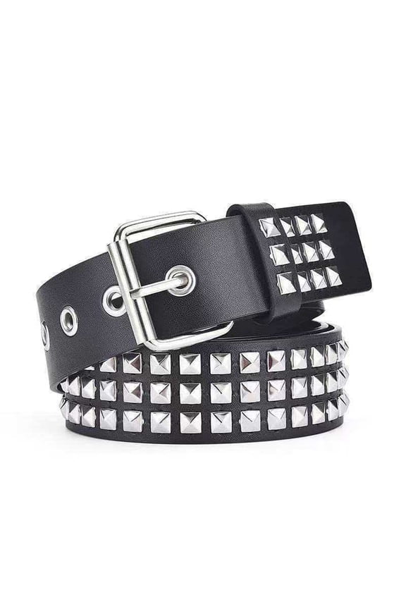 3 Row Studded Belts Punk Hip Hop Personalized Faux Leather Belts for Jeans and Pants,Adjustable Fashion Waist Accessory for Men and Women(Black)