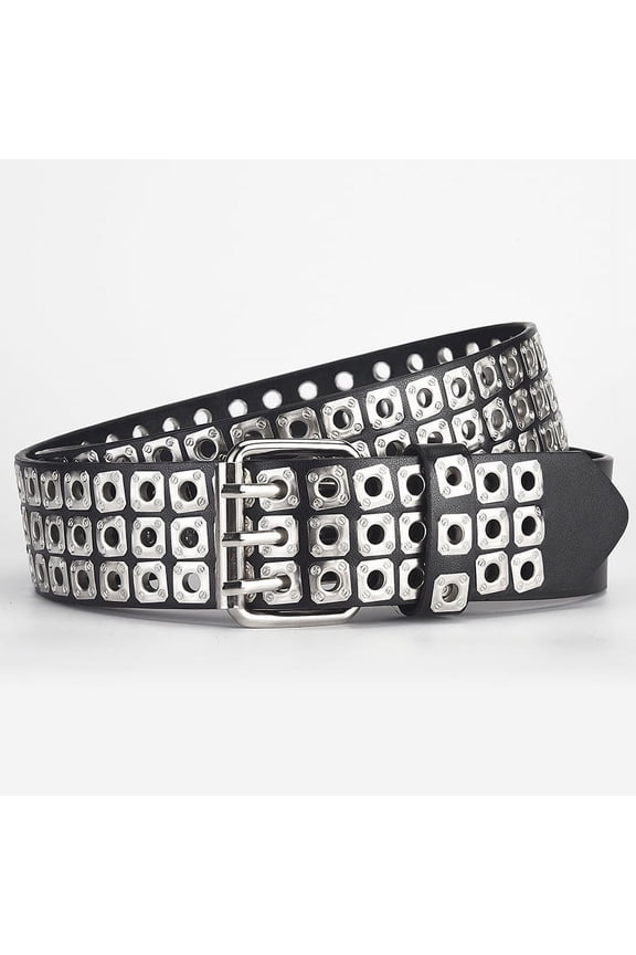 3 Row Studded Belts Punk Hip Hop Personalized Faux Leather Belts for Jeans Pants Mens Studded Belt(Black)