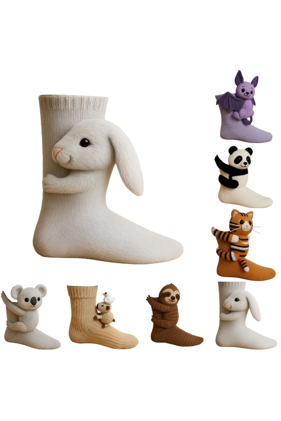 3D Knit Animal Socks for Animal Lovers, Handcrafted Funny Animals, Double-Knitted Cotton, Cozy Winter Home Socks for All Ages, Hug Hug Socks