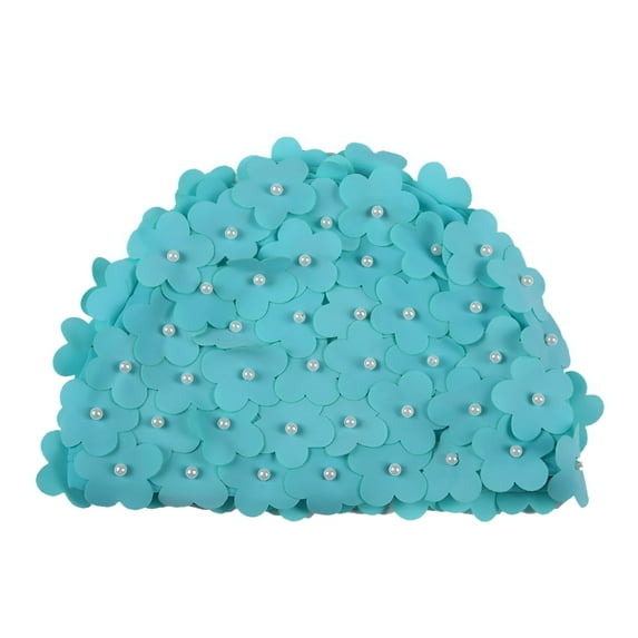 TELOLY 3D Vintage Floral Ladies Swim Cap,Women's Petal Retro Swimming Hat Flower Bathing Cap for Long/Short Hair,Light Blue