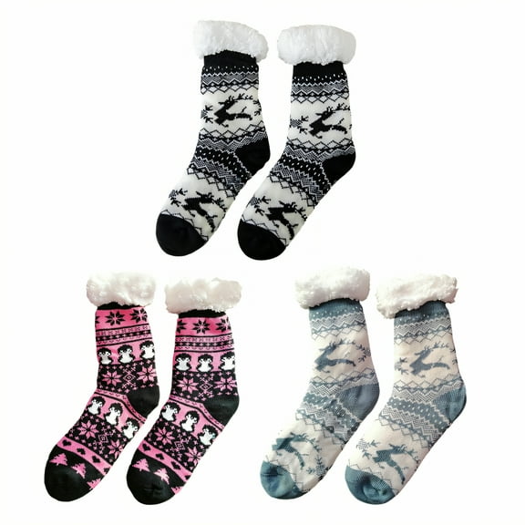TELOLY 3Pairs Fuzzy Socks for Women,One Size Fits Most Slipper Socks for Women,Sherpa Lining Long Socks for Women,Combination3
