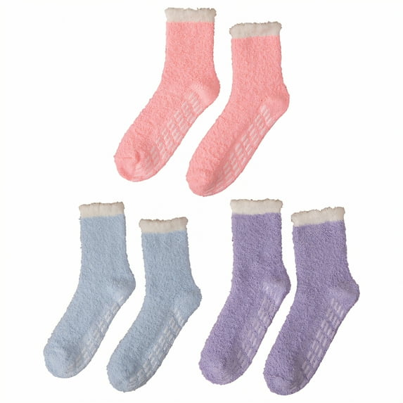 TELOLY 3Pairs Fuzzy Socks for Women,Winter Slipper Socks for Women,Plush Coral Fleece Socks Long Socks for Women,Color Mixing2