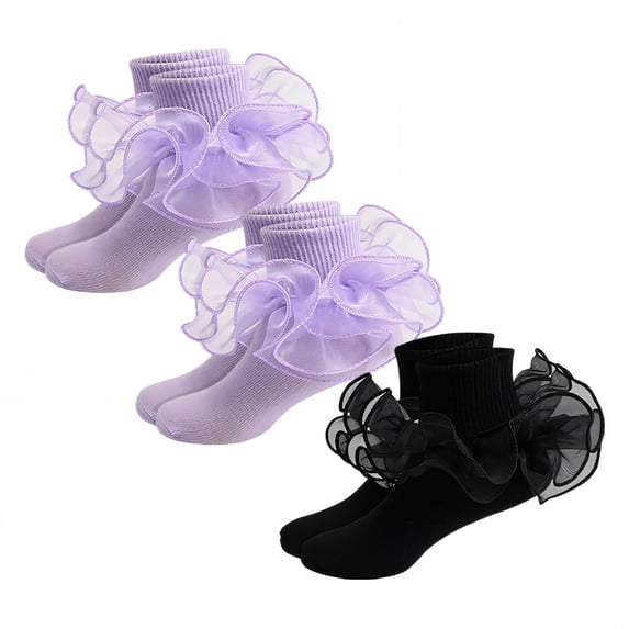 TELOLY 3Pairs Kids Socks,1-3 Years Old Ruffle Socks,3D Anti-Slip Heel Design Lace Socks,Style1,12-15Cm